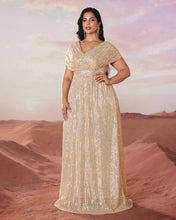 Load image into Gallery viewer, Green Sparkly Sequin V Neck A Line Mother of the Bride Dress with Cap Sleeves