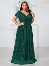 Load image into Gallery viewer, Green Sparkly Sequin V Neck A Line Mother of the Bride Dress with Cap Sleeves