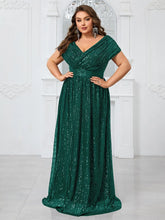 Load image into Gallery viewer, Green Sparkly Sequin V Neck A Line Mother of the Bride Dress with Cap Sleeves