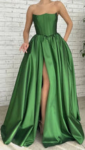 Load image into Gallery viewer, Green Satin Strapless A-line Prom Dresses Long Evening Dress With Slit