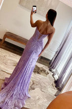 Load image into Gallery viewer, Lavender Strapless Lace Ruched Mermaid Prom Dress with Slit