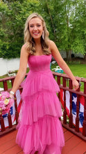 Load image into Gallery viewer, Pink spaghetti straps tulle long A Line prom dress evening dresses ruffles full length dresses