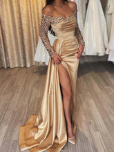Load image into Gallery viewer, Sheath Off-The-Shoulder Satin Mermaid Prom Dresses With Split Side Sequins