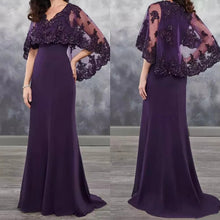 Load image into Gallery viewer, Purple Mother of the Bride Dresses Sparkly Sequin Lace Wedding Guest Dress V Neck Chiffon Formal Dress Cape Sleeves
