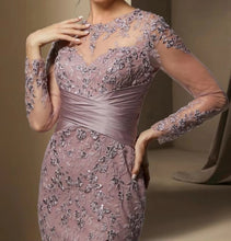 Load image into Gallery viewer, Mermaid Mother of the Bride Dresses Sequin Lace Wedding Guest Dress O Neck Tulle Formal Dress Long Sleeves