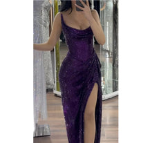 Load image into Gallery viewer, Purple Mermaid Strapless Glitter Sheath Pleated Prom Dresses with Side High Split