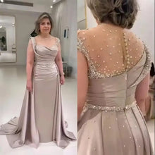 Load image into Gallery viewer, Champagne Mother of the Bride Dresses Crystal Sequins Prom Gowns Pleated Satin Wedding Guest Dress with Streamer