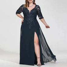 Load image into Gallery viewer, Navy Blue Mother of the Bride Dresses Sequined Lace Appliques Formal Dress V Neck Slit Wedding Guest Dress 3/4 Sleeves