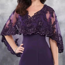 Load image into Gallery viewer, Purple Mother of the Bride Dresses Sparkly Sequin Lace Wedding Guest Dress V Neck Chiffon Formal Dress Cape Sleeves