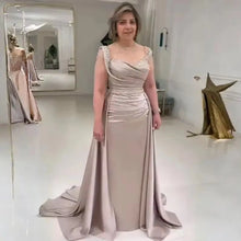 Load image into Gallery viewer, Champagne Mother of the Bride Dresses Crystal Sequins Prom Gowns Pleated Satin Wedding Guest Dress with Streamer