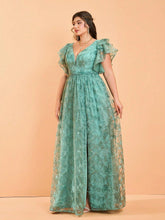 Load image into Gallery viewer, Navy Blue V Neck A Line Ruffled Sleeve Mother of the Bride Dress with High Slit