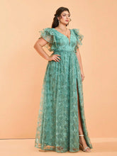 Load image into Gallery viewer, Navy Blue V Neck A Line Ruffled Sleeve Mother of the Bride Dress with High Slit