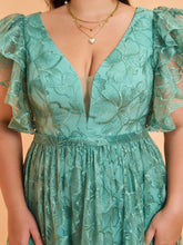 Load image into Gallery viewer, Navy Blue V Neck A Line Ruffled Sleeve Mother of the Bride Dress with High Slit