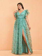 Load image into Gallery viewer, Navy Blue V Neck A Line Ruffled Sleeve Mother of the Bride Dress with High Slit