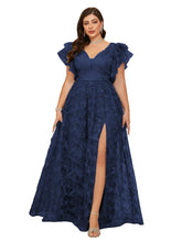 Load image into Gallery viewer, Navy Blue V Neck A Line Ruffled Sleeve Mother of the Bride Dress with High Slit