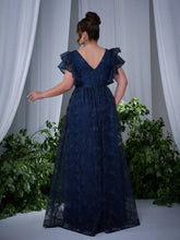 Load image into Gallery viewer, Navy Blue V Neck A Line Ruffled Sleeve Mother of the Bride Dress with High Slit