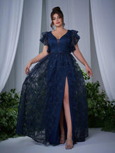 Load image into Gallery viewer, Navy Blue V Neck A Line Ruffled Sleeve Mother of the Bride Dress with High Slit