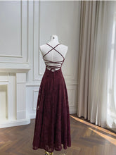 Load image into Gallery viewer, Vintage-Inspired Burgundy Floral Lace Prom Dress, Romantic A-Line Evening Gown
