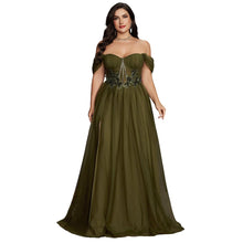 Load image into Gallery viewer, Olive Green Off The Shoulder Plus Size Mother of the Bride Dress with Lace Appliques