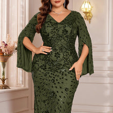 Load image into Gallery viewer, Burgundy Mermaid Plus Size V Neck Mother of the Bride Dress with Sequin Lace