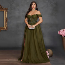 Load image into Gallery viewer, Olive Green Off The Shoulder Plus Size Mother of the Bride Dress with Lace Appliques
