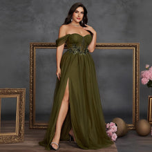 Load image into Gallery viewer, Olive Green Off The Shoulder Plus Size Mother of the Bride Dress with Lace Appliques