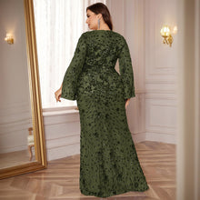 Load image into Gallery viewer, Burgundy Mermaid Plus Size V Neck Mother of the Bride Dress with Sequin Lace