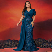 Load image into Gallery viewer, Peacock Mermaid Sequins V Neck Plus Size Mother of the Bride Dress with Streamer