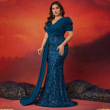 Load image into Gallery viewer, Peacock Mermaid Sequins V Neck Plus Size Mother of the Bride Dress with Streamer