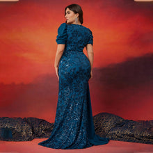 Load image into Gallery viewer, Peacock Mermaid Sequins V Neck Plus Size Mother of the Bride Dress with Streamer