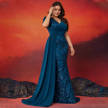 Load image into Gallery viewer, Peacock Mermaid Sequins V Neck Plus Size Mother of the Bride Dress with Streamer