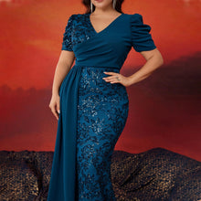 Load image into Gallery viewer, Peacock Mermaid Sequins V Neck Plus Size Mother of the Bride Dress with Streamer