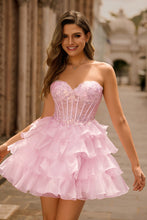 Load image into Gallery viewer, Pink Strapless Sequins Corset Tiered Mini Homecoming Dress