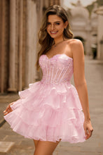 Load image into Gallery viewer, Pink Strapless Sequins Corset Tiered Mini Homecoming Dress