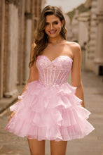 Load image into Gallery viewer, Pink Strapless Sequins Corset Tiered Mini Homecoming Dress