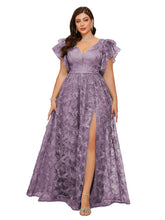 Load image into Gallery viewer, Navy Blue V Neck A Line Ruffled Sleeve Mother of the Bride Dress with High Slit