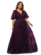 Load image into Gallery viewer, Dark Green V Neck A Line Embroidered Lace Mother of the Bride Dress with Flutter Sleeve