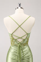Load image into Gallery viewer, Sparkly Army Green Spaghetti Straps Appliques Pleated Homecoming Dress with Appliques