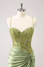 Load image into Gallery viewer, Sparkly Army Green Spaghetti Straps Appliques Pleated Homecoming Dress with Appliques