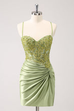 Load image into Gallery viewer, Sparkly Army Green Spaghetti Straps Appliques Pleated Homecoming Dress with Appliques