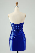 Load image into Gallery viewer, Navy Sparkly Strapless Tight Hollow Out Homecoming Dress with Slit