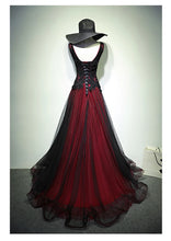Load image into Gallery viewer, Gorgeous Black And Red V-Neck A-Line Tulle Beaded Lace Applique Prom Dress, Long Evening Gown