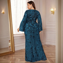 Load image into Gallery viewer, Burgundy Mermaid Plus Size V Neck Mother of the Bride Dress with Sequin Lace