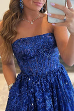 Load image into Gallery viewer, A-line Strapless Sequined Lace Long Prom Dress with Pockets