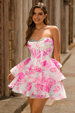 Load image into Gallery viewer, White Blue Strapless Floral A Line Corset Tiered Short Homecoming Dress