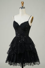 Load image into Gallery viewer, Dusty Blue Spaghetti Straps Corset Tiered Homecoming Dress with Lace Appliques