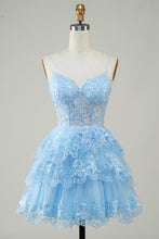 Load image into Gallery viewer, Dusty Blue Spaghetti Straps Corset Tiered Homecoming Dress with Lace Appliques