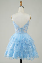 Load image into Gallery viewer, Dusty Blue Spaghetti Straps Corset Tiered Homecoming Dress with Lace Appliques
