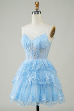 Load image into Gallery viewer, Dusty Blue Spaghetti Straps Corset Tiered Homecoming Dress with Lace Appliques
