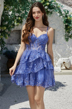 Load image into Gallery viewer, Dusty Blue Spaghetti Straps Corset Tiered Homecoming Dress with Lace Appliques